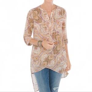 Mirrored Beauty Lace-Up Top Size Medium (Chicos Size 1) Tan Orange Purple